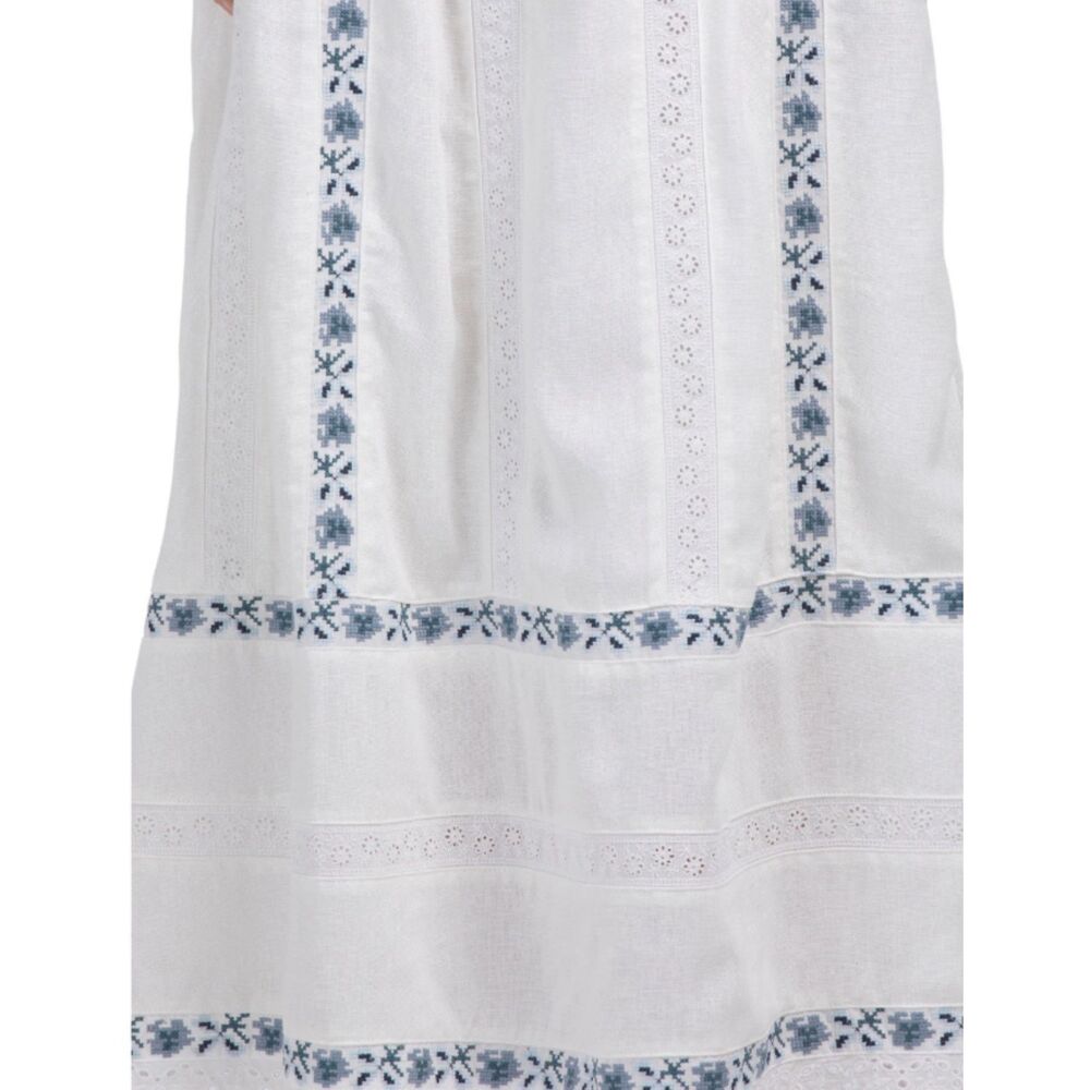 Caroline Constas XS Linen Blend Embroidered Maxi Skirt White Blue Boho Cottage - Picture 4 of 12